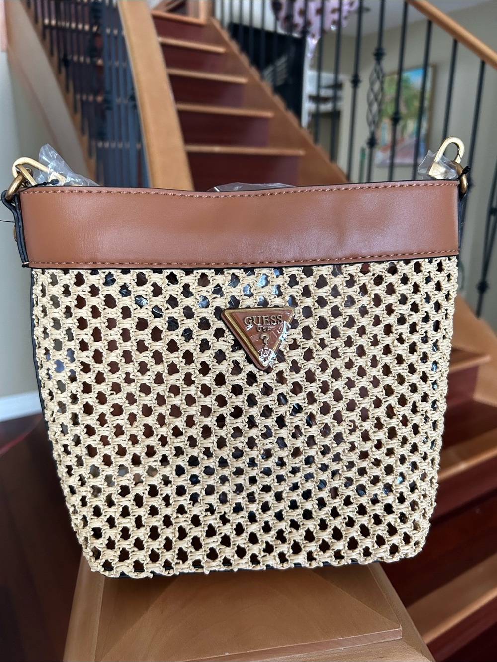 GUESS Vikky Straw Bucket Bag (Cognac)